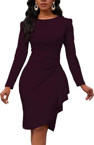 Women's Long Sleeve Bodycon Dress Crew Neck Ruched Wrap Wear to Work Church Midi Pencil Dress Elegant