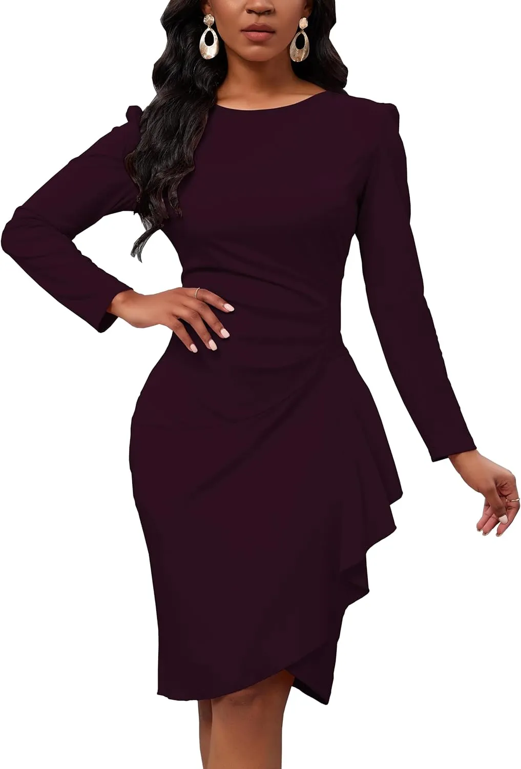 Women's Long Sleeve Bodycon Dress Crew Neck Ruched Wrap Wear to Work Church Midi Pencil Dress Elegant