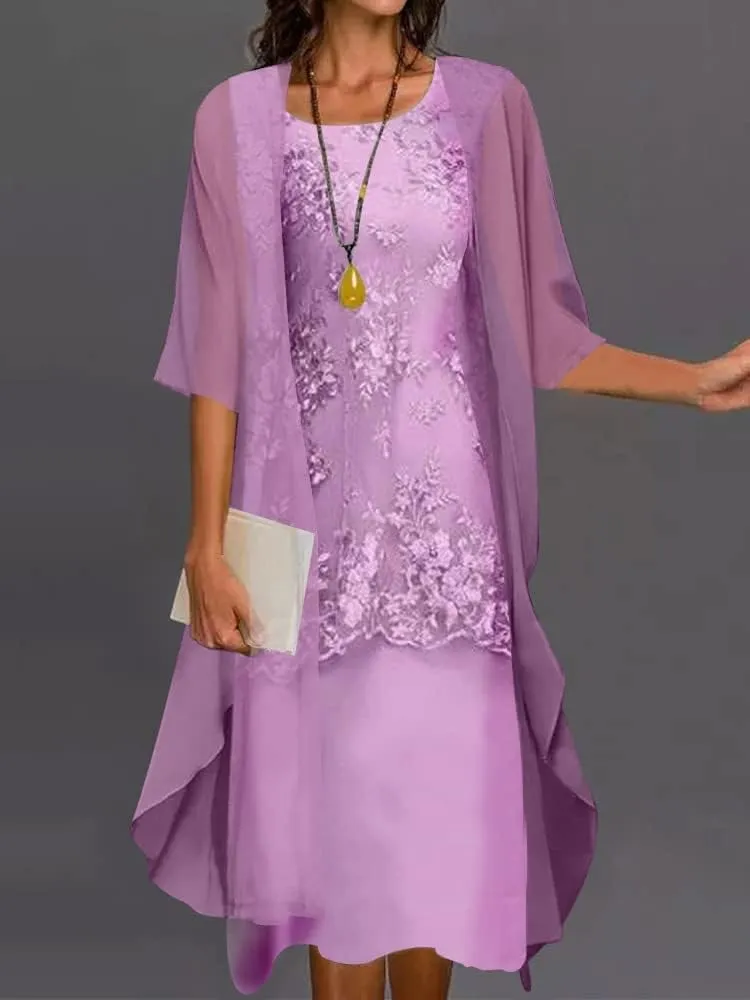 Womens Summer Flowy Floral Dresses with Jacket 2 Piece Set 3/4 Sleeve Sheer Chiffon Cocktail Wedding Guest Dress
