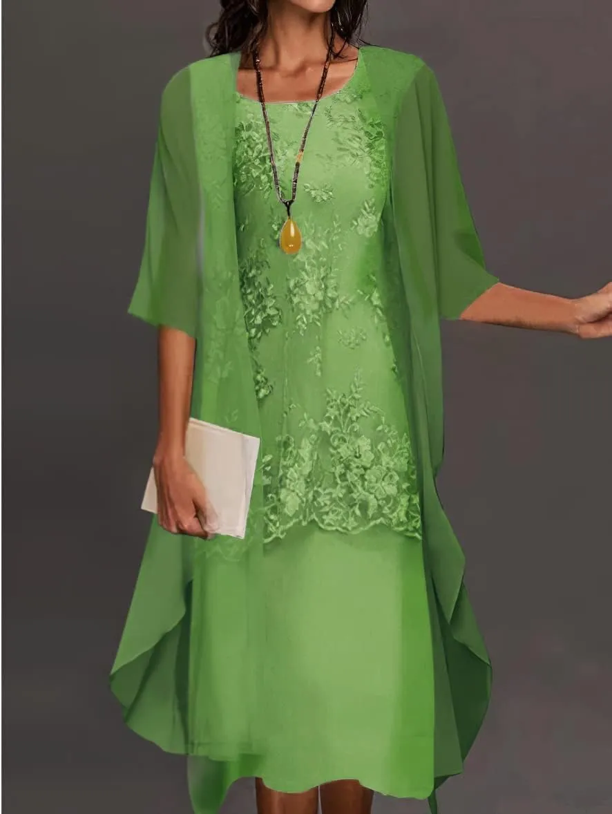 Womens Summer Flowy Floral Dresses with Jacket 2 Piece Set 3/4 Sleeve Sheer Chiffon Cocktail Wedding Guest Dress
