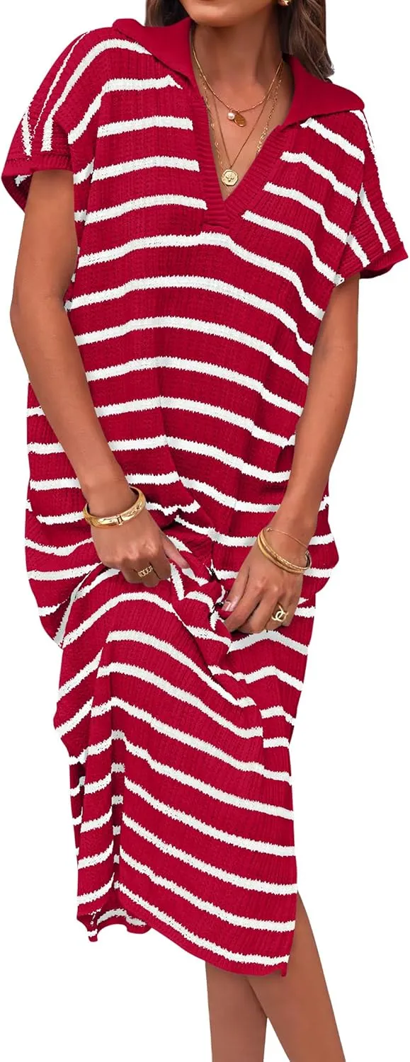 Women's Summer Striped Midi Dress 2025 Casual Short Sleeve V Neck Loose Knitted Side Slit Long Sweater Dresses