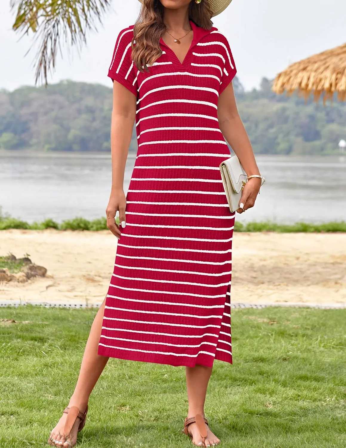 Women's Summer Striped Midi Dress 2025 Casual Short Sleeve V Neck Loose Knitted Side Slit Long Sweater Dresses