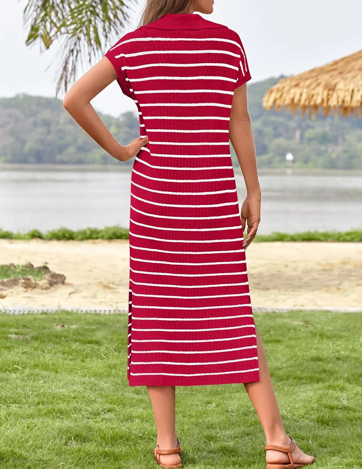 Women's Summer Striped Midi Dress 2025 Casual Short Sleeve V Neck Loose Knitted Side Slit Long Sweater Dresses