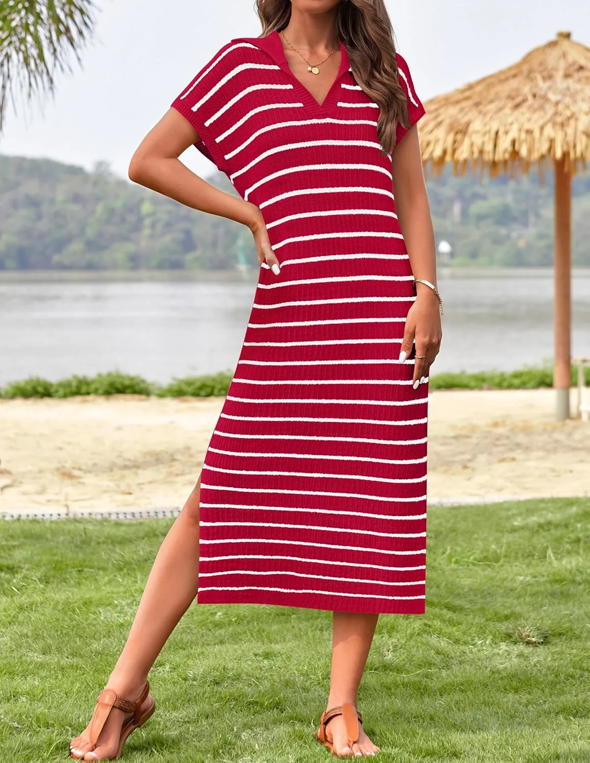 Women's Summer Striped Midi Dress 2025 Casual Short Sleeve V Neck Loose Knitted Side Slit Long Sweater Dresses