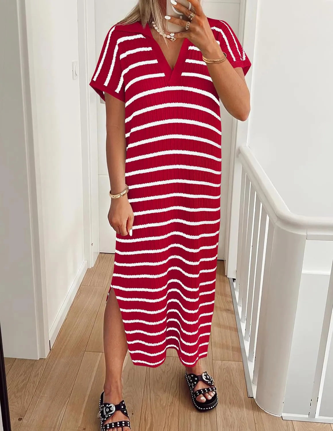 Women's Summer Striped Midi Dress 2025 Casual Short Sleeve V Neck Loose Knitted Side Slit Long Sweater Dresses