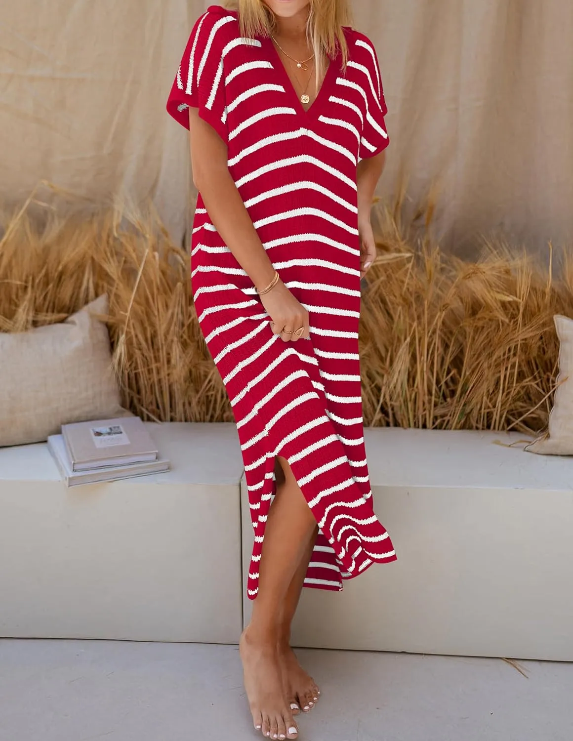 ZESICA Women's Summer Striped Midi Dress 2025 Casual Short Sleeve V Neck Loose Knitted Side Slit Long Sweater Dresses