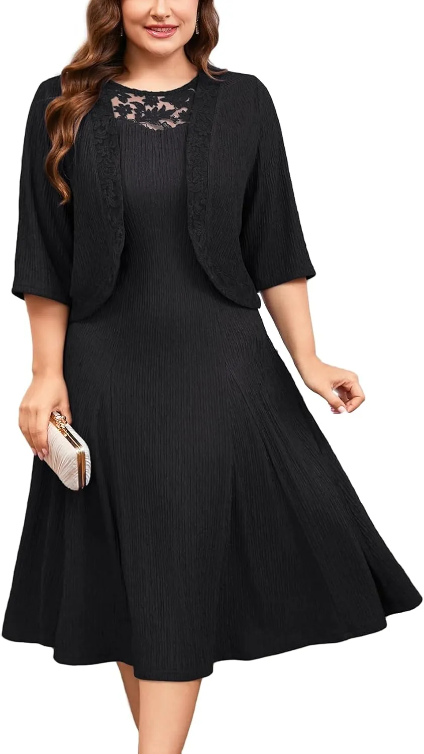 ZOMVA Plus Size Mother of The Bride Groom Dresses for Curvy Women 2 Piece Wedding Guest Dress with Jacket Tea Length