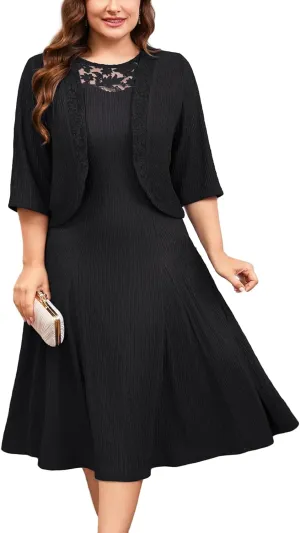 ZOMVA Plus Size Mother of The Bride Groom Dresses for Curvy Women 2 Piece Wedding Guest Dress with Jacket Tea Length